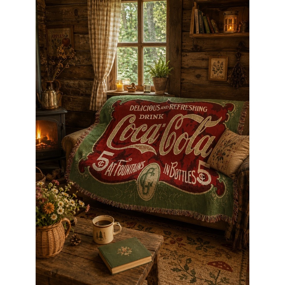Vintage Coca-Cola‎ Woven Tapestry Throw Blanket Red Green Fringe 60x48 Coke Ad